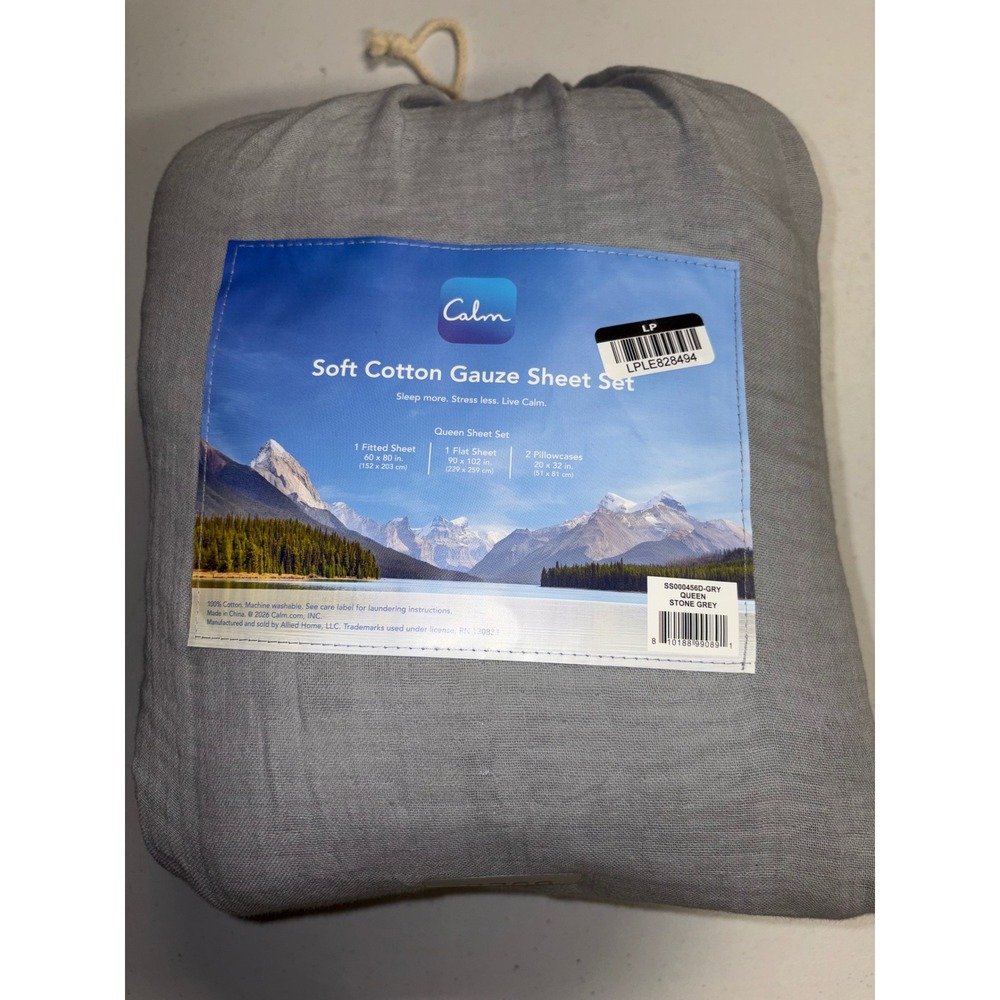 Calm Soft Cotton Gauze Queen Sheet Set Stone Grey 4pc SS000456D-GRY